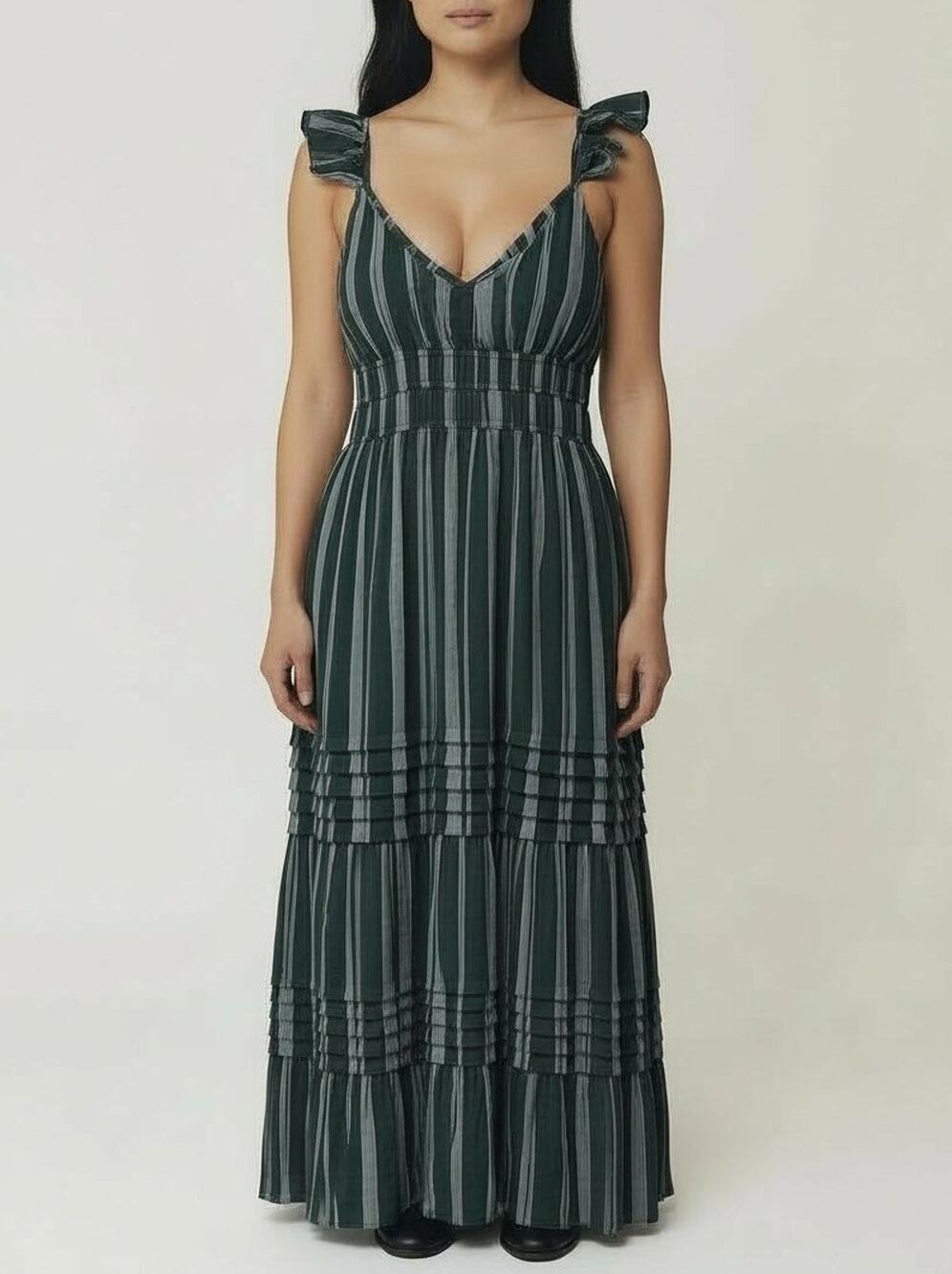 MAX+ASH Maxi Dress Women S Green Stripe Smocked Tiered Ruffle Sleeve